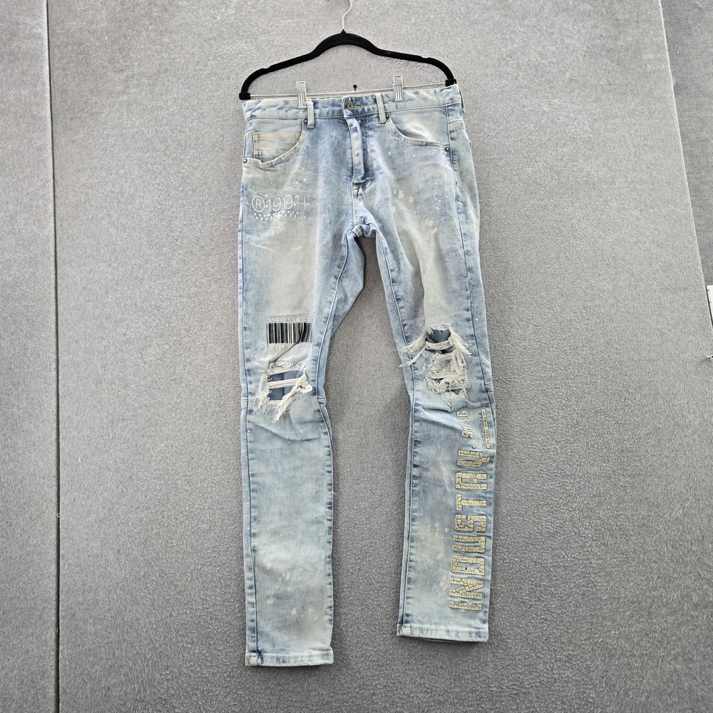 Smoke Rise DNM CO. Men Jeans 32X32 Light Blue Denim Distressed‎ Bar Code Y2K